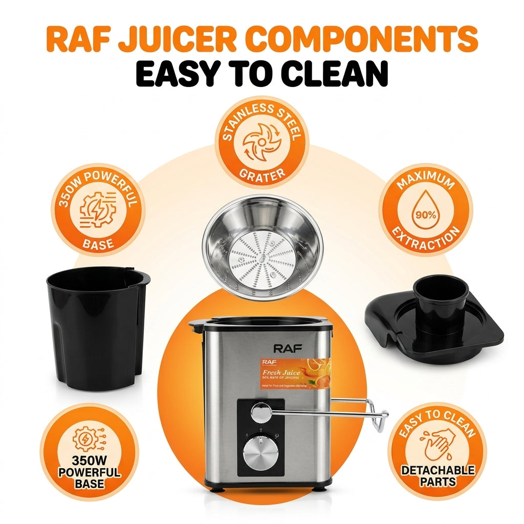 RAF 350W High-Speed Electric Juice Extractor – Stainless Steel, Low Noise, Easy Clean Fruit & Vegetable Juicer