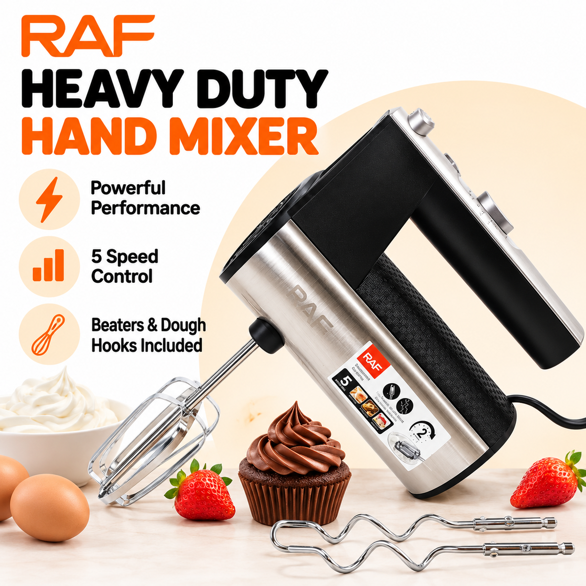 RAF Heavy Duty Hand Mixer – 5 Speed Electric Mixer with Beaters & Dough Hooks