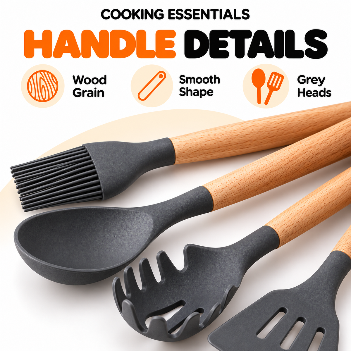 Kitchen Utensil Set with Wooden Handles & Holder – Charcoal Grey