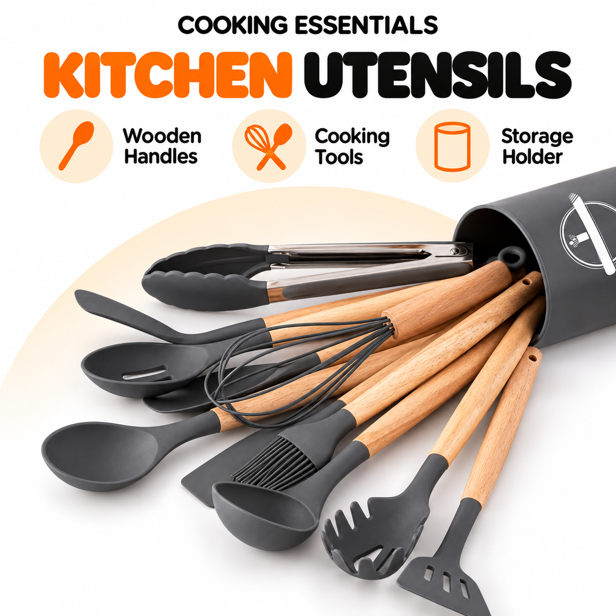 Kitchen Utensil Set with Wooden Handles & Holder – Charcoal Grey
