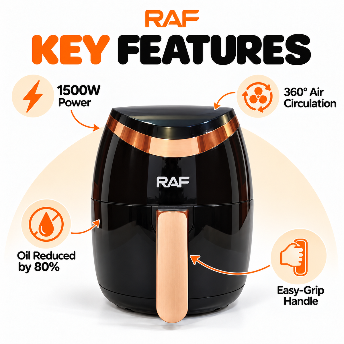 RAF 1500W Air Fryer – 360° Hot Air Circulation Multi-Purpose Fryer