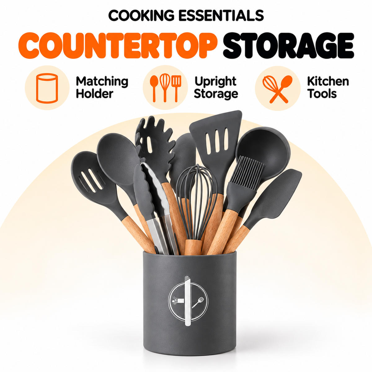 Kitchen Utensil Set with Wooden Handles & Holder – Charcoal Grey