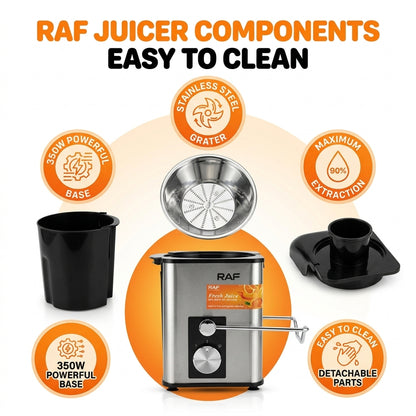 RAF 350W High-Speed Electric Juice Extractor – Stainless Steel, Low Noise, Easy Clean Fruit & Vegetable Juicer