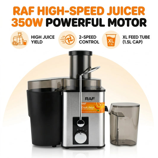 RAF 350W High-Speed Electric Juice Extractor – Stainless Steel, Low Noise, Easy Clean Fruit & Vegetable Juicer