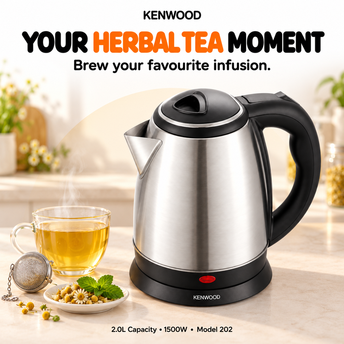 Kenwood 202 Electric Kettle 2L – 1500W, Silver & Black