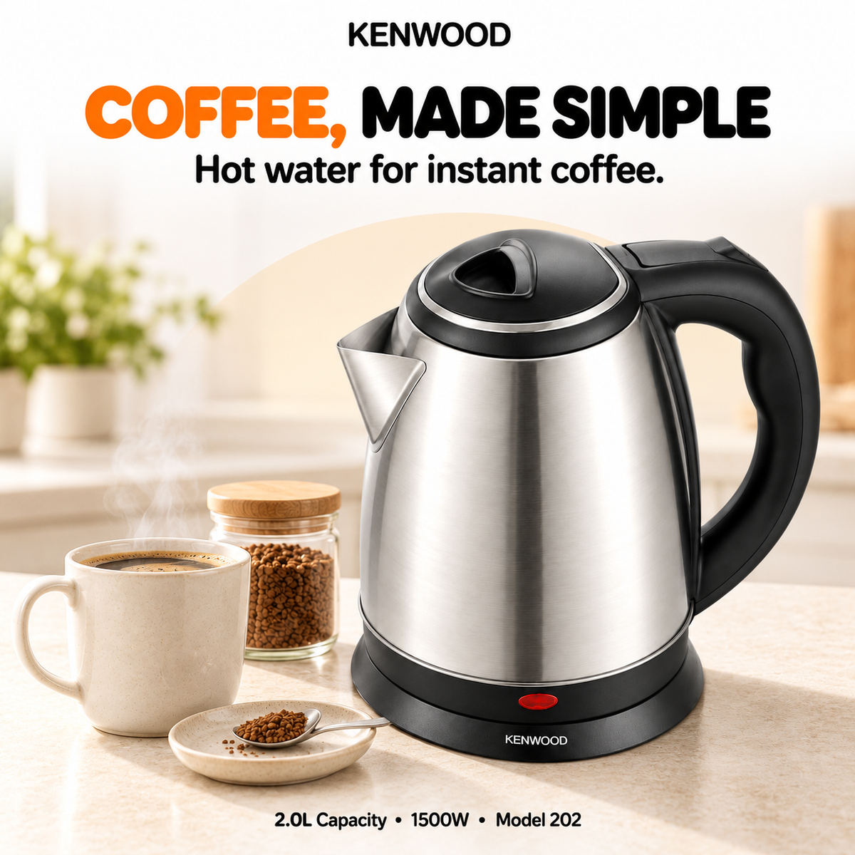 Kenwood 202 Electric Kettle 2L – 1500W, Silver & Black