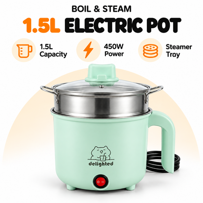1.5L Electric Cooking Pot with Steamer – 450W, Mint Green
