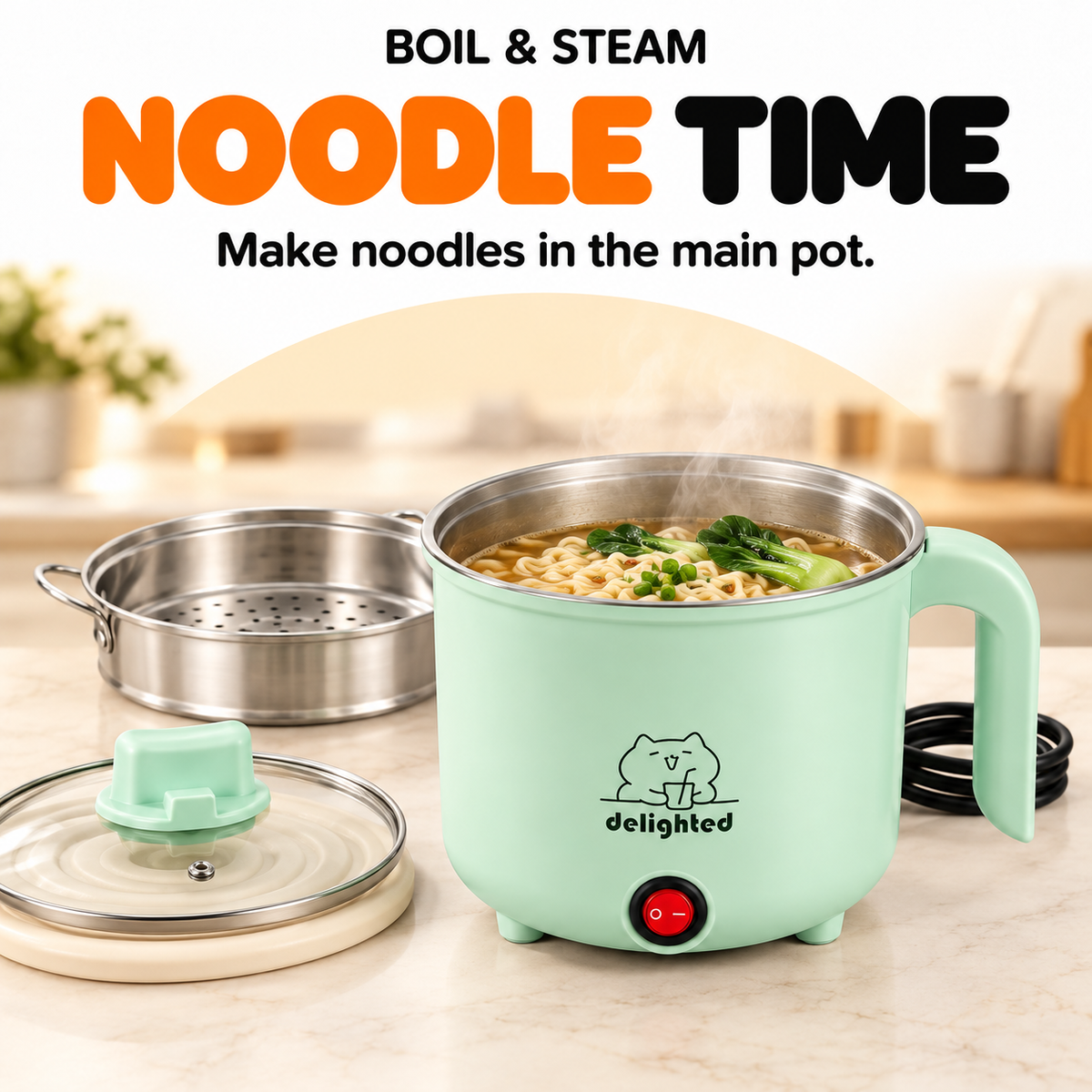 1.5L Electric Cooking Pot with Steamer – 450W, Mint Green