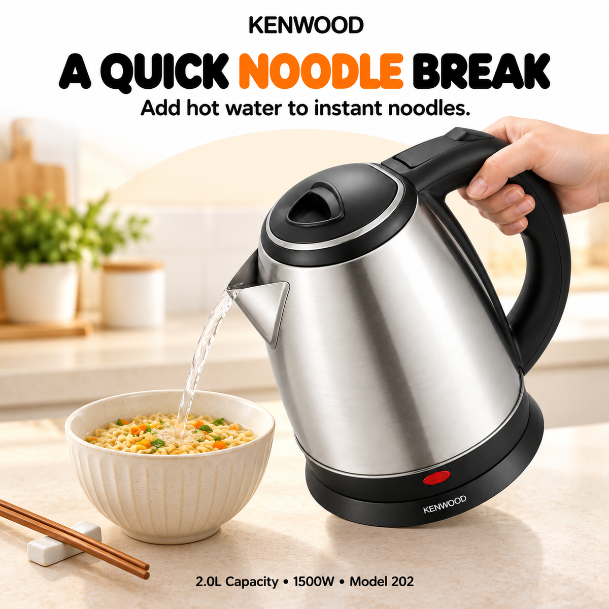 Kenwood 202 Electric Kettle 2L – 1500W, Silver & Black