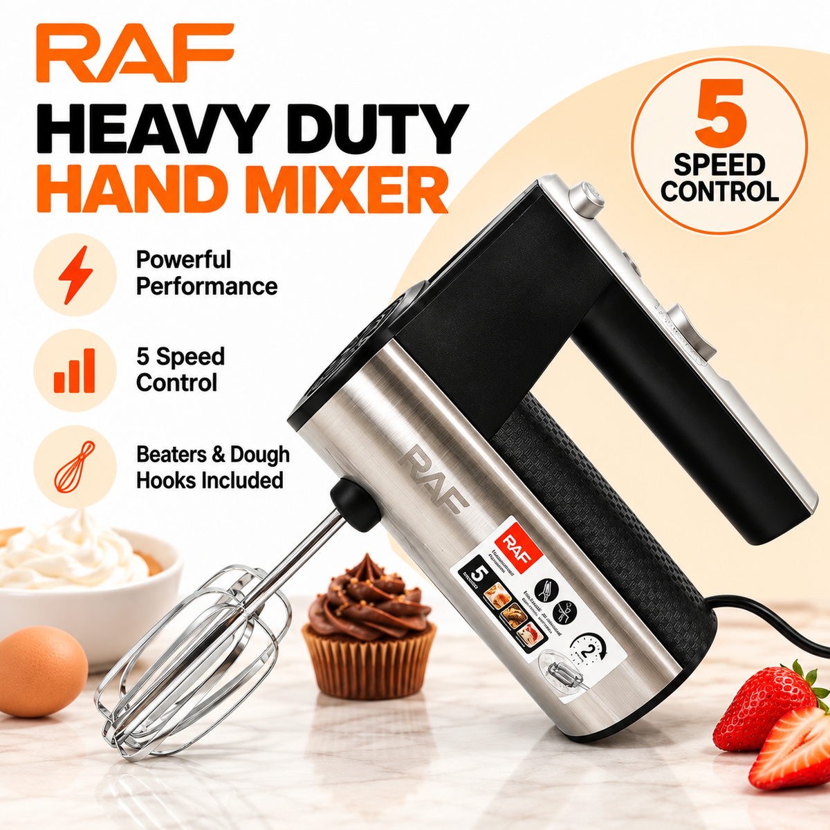 RAF Heavy Duty Hand Mixer – 5 Speed Electric Mixer with Beaters & Dough Hooks
