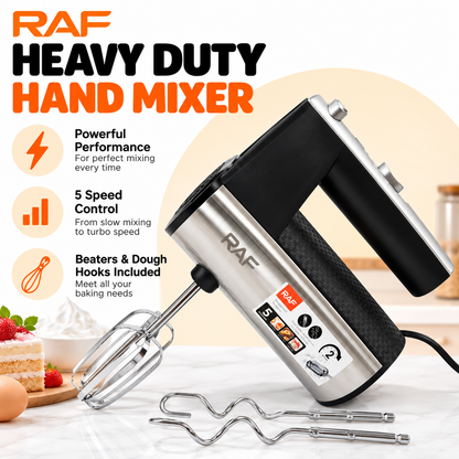 RAF Heavy Duty Hand Mixer – 5 Speed Electric Mixer with Beaters & Dough Hooks