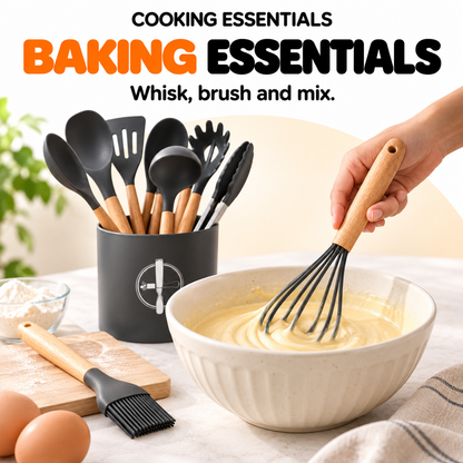 Kitchen Utensil Set with Wooden Handles & Holder – Charcoal Grey
