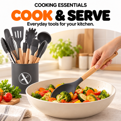 Kitchen Utensil Set with Wooden Handles & Holder – Charcoal Grey